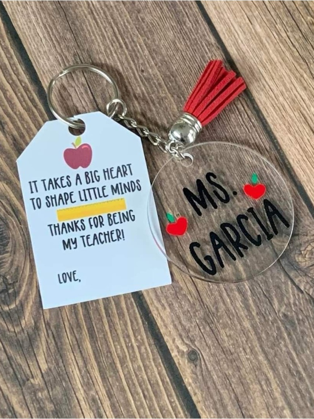 Personalized Teacher Keychain - Red Apple Tassel